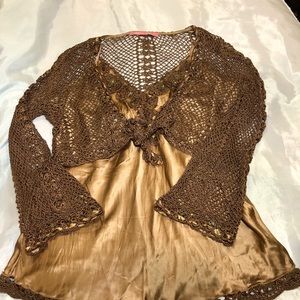 Copper top with strap top and crochet jacket set